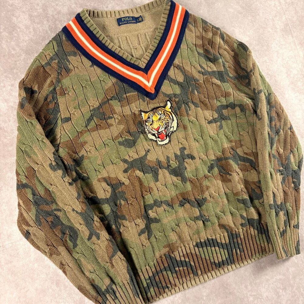 vintage polo ralph lauren camo varsity cable knit sweater - Picture 2 of 7